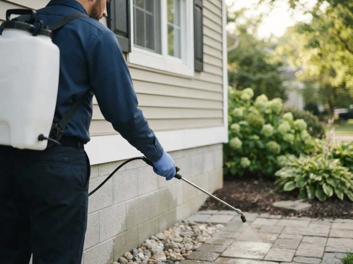 Pest control technician inspecting a home in Ewing, NE